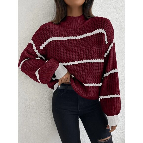 NEW SHEIN Striped‎ Mock Neck Drop Shoulder Sweater Size S Color Burgundy - Picture 1 of 10